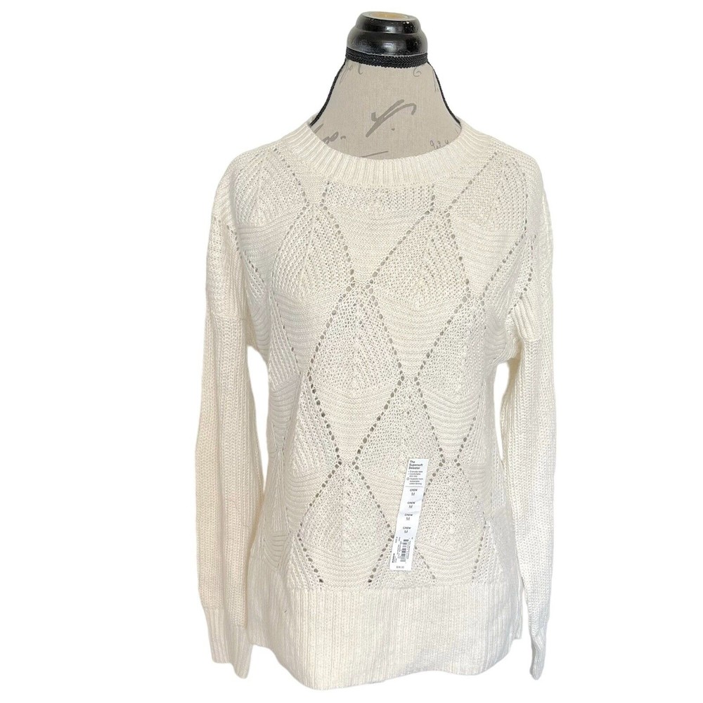 Sonoma Womens Sweater Ribbed Crew Neckline Ivory SuperSoft Crochet Size Medium